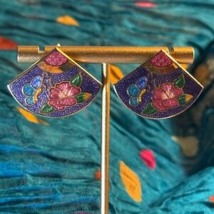 Vintage Cloisonné Fan Earrings – Floral & Butterfly Design